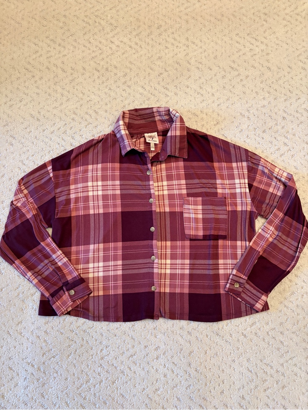 Self Esteem Cropped Plaid Button Up Shirt Size L Mauve Purple Super Soft Stretch